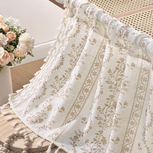 Image of Yinhua Boho Valance Curtains Vintage Linen Kitchen Valances for Windows Light Filtering Bohemian Floral Valance Rod Pocket Tassel Window Valances for Bathroom Cafe, 52 inch W X 18 inch L, White Beige
