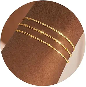Bracelet for Women - Dainty Stack Bracelets Trendy Adjustable 14K Gold Plated Thin Paperclip Bead Box Satellite Figaro Cuban Link Chain Bracelet Set for Women Waterproof Jewelry Gift