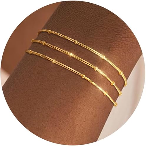 Bracelet for Women - Dainty Stack Bracelets Trendy Adjustable 14K Gold Plated Thin Paperclip Bead Box Satellite Figaro Cuban Link Chain Bracelet Set for Women Waterproof Jewelry Gift