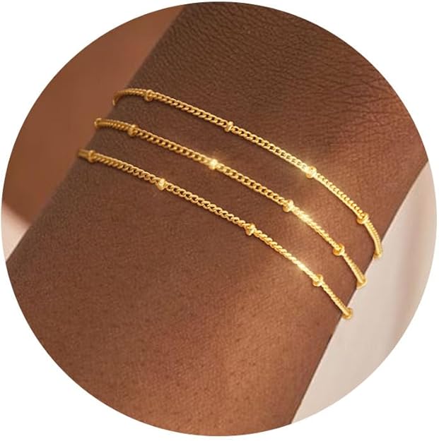 Bracelet for Women - Dainty Stack Bracelets Trendy Adjustable 14K Gold Plated Thin Paperclip Bead Box Satellite Figaro Cuban Link Chain Bracelet Set for Women Waterproof Jewelry Gift