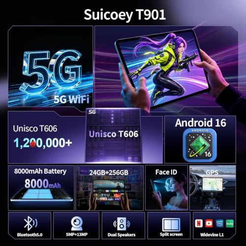 Image of 10 inch Tablet with Keyboard, 2026 Gemini AI, 24GB+256GB+2TB(Black Case) | Android 16 Tablet, Electronics Tablets with 8-Core, 8000mAh, 5G WiFi, GPS, GMS, 2 in 1 Tablet PC with Case /Mouse /Stylus