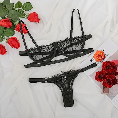 VicSec Women Lace Lingerie Set 2 Piece Half Cup Bra and Strappy Thong with Eyelash Crochet Lace Sexy Open Cups Bralette Push Up Mesh Bra and Panty Bikini for Gifts Sleepwear Party Outfits (Black, M) - Image 6