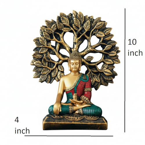 Image of Meditating Buddha Statue Under Bodhi Tree for Home Decor - Golden Gautama Buddha Figurine for Living Room, Office & Vastu (Golden, Red, Blue)