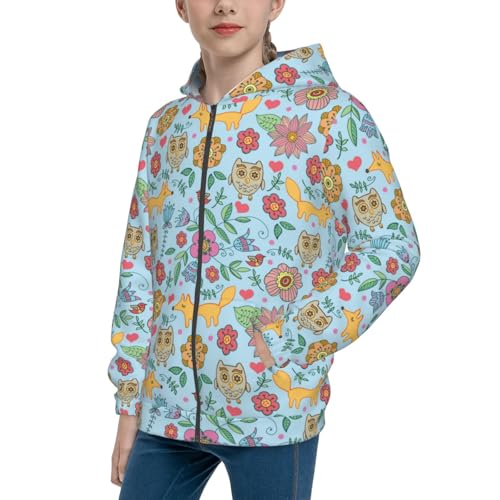 Cartoon Foxes and Owls Kids Pullover Hoodies Boys Zip Up Sweatshirts Girls Athletic Clothes with Pocket