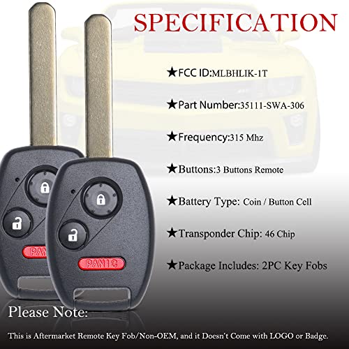 MechanMagic 2PCS Key Fob Remote Replacement Fits Honda CR-V 2007 2008 2009 2010-2013/CR-Z 2011- 2014 2015/Fit/Insight/Accord Coupe/Crosstour MLBHLIK-1T Keyless Entry Remote Control 35111-SWA-306 by MechanMagic - Image 4