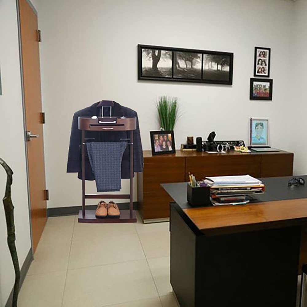 Appendiabiti Servomuto da Terra, Servomuto in Legno con Barra per Pantaloni Antiscivolo, Servomuto con Cassetto + Ripiano, per Ufficio Sia Soggiorno Che Camera da Letto (Marrone