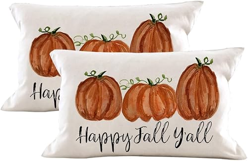 AOFANGGO Juego de 2 fundas de almohada decorativas de otoño de 12 x 20 pulgadas, fundas de cojín de feliz otoño de Y'all y calabazas, almohadas