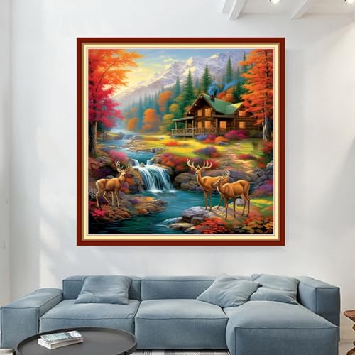 Image of Magxvouy Cross Stitch Kits Stamped Full Range of Embroidery Kits,Cross Stitch Patterns Needlework Kits for Beginners 11CT Printed Kits&Deer by the Lake 18x18 inch