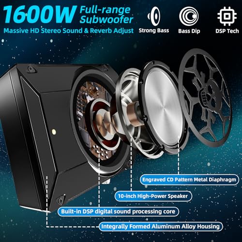 Image of 1600W Car Subwoofer, 10 inch Ultra-Thin Powered Under-Seat Sub with Built-in Amplifier, LPF /Gain /Bass Boost, Touch Control, Physical Switch Rhythm LED Ambient Light, Independent Bass Knob