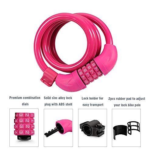 Titanker Bike Lock, 4 Feet Security Resettable Combination Coiling Bike Cable Locks With Mounting Bracket, 1/2 Inch Diameter (Pink) #TOP1