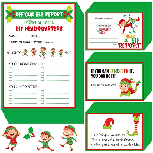Cartes officielles de rapport d'elfe et notes d'elfes pour comportement de Noël
