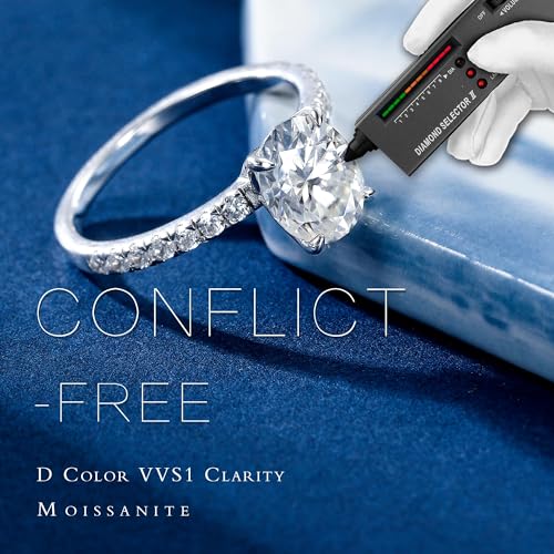 MOOSEA 2ct Oval Moissanite Rings for Women, 925 Sterling Silver D Color VVS1 Clarity Lab Created Moissanite Engagement Rings for Women Side Stone Rings2