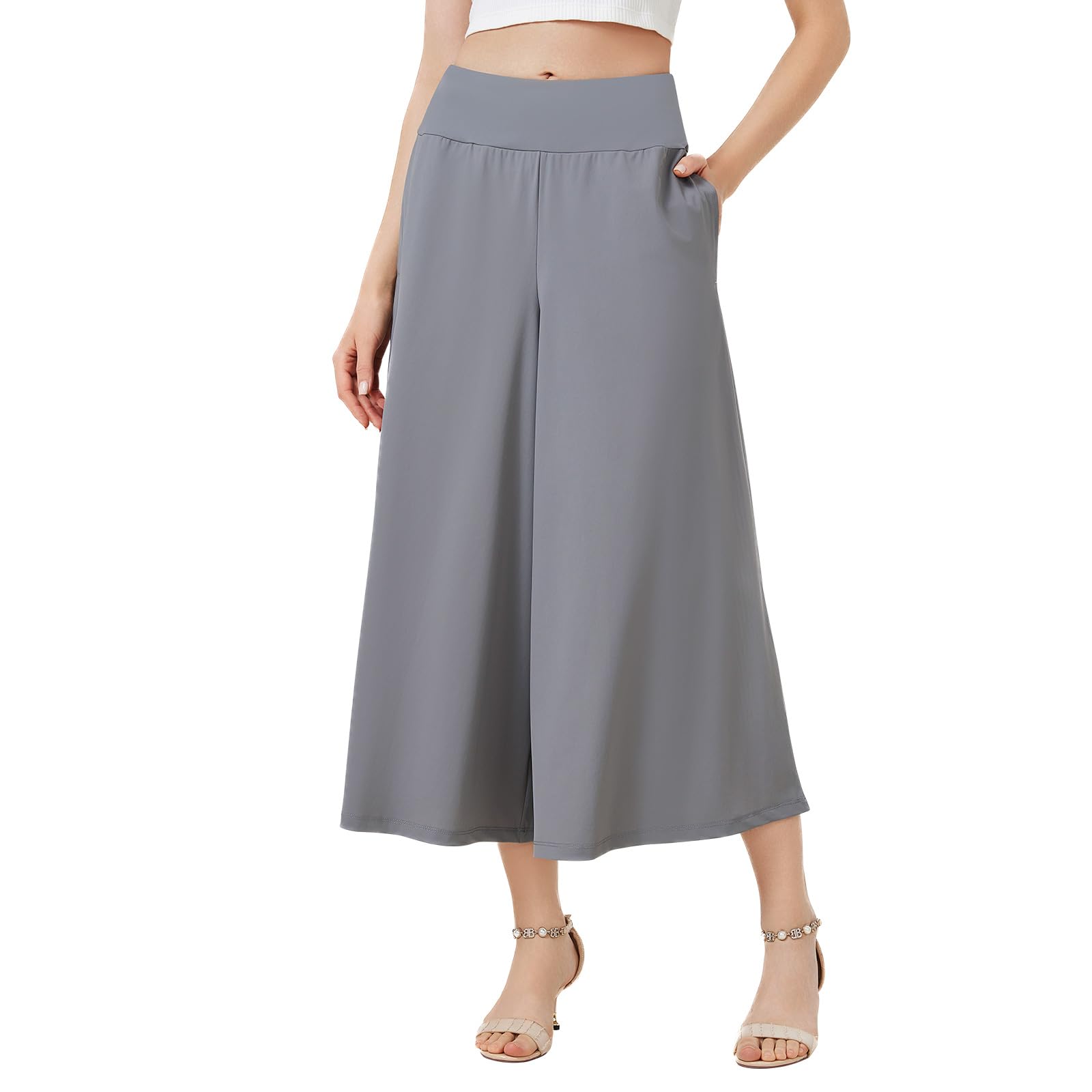 Turnhier Womens Culottes Elastic Waist Wide Leg Pants Casual Summer Palazzo Pants Lounge Trousers with Pockets