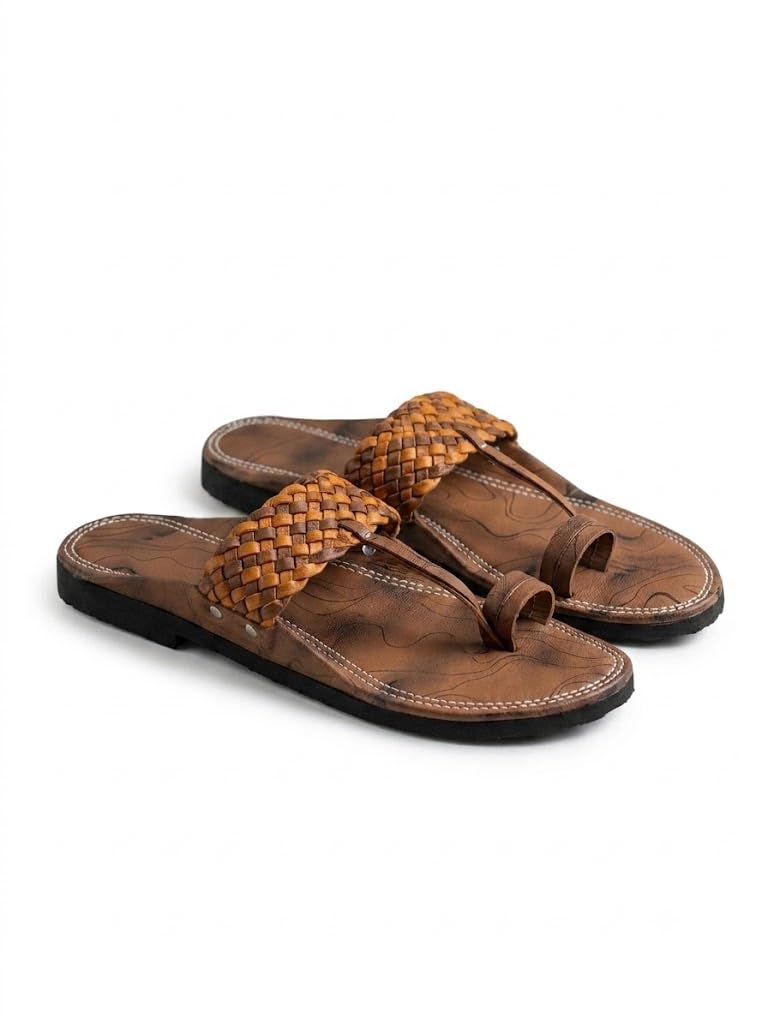 agadi Men's Premium Ethnic Kolhapuri Chappals | Stylish Dual-Tone Braided Sandals for Men | Comfortable Traditional Flat Slippers & Daily Wear Festive Footwear (Brown & Tan)-picture-22