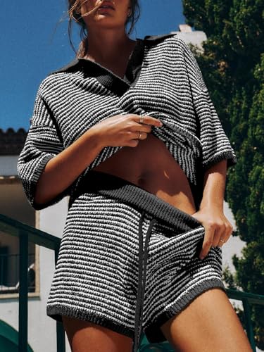 Image of Tankaneo Womens Sweater Set 2 Piece Outfits Oversized 3 /4 Sleeve V Neck Knit Tops High Waisted Shorts Lounge Sets