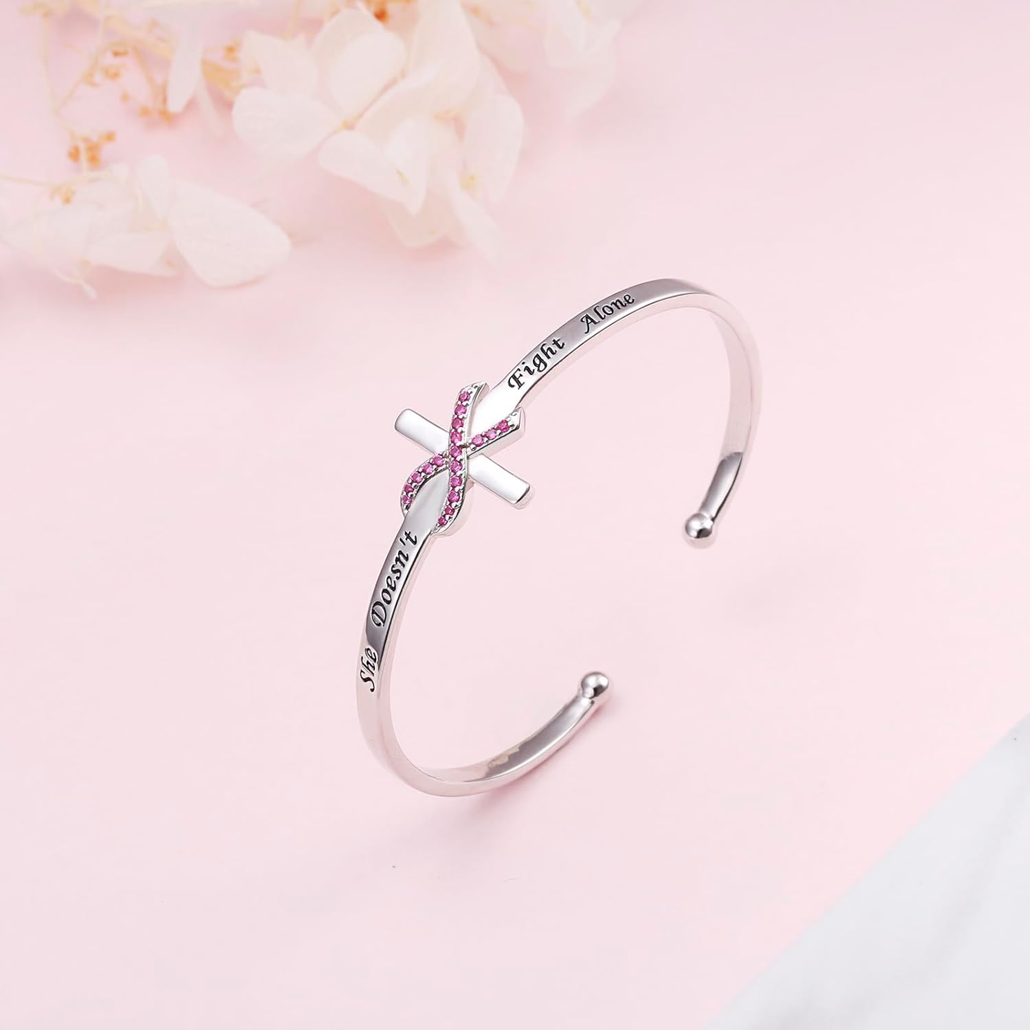 Yearace 925 Sterling Silver Engraved Faith Over Fear Heart Infinity Cross Charm Cuff Bangle Bracelet Sideways Cross Bracelet Bible Verse Religious Gift for Women Catholic - Image 5