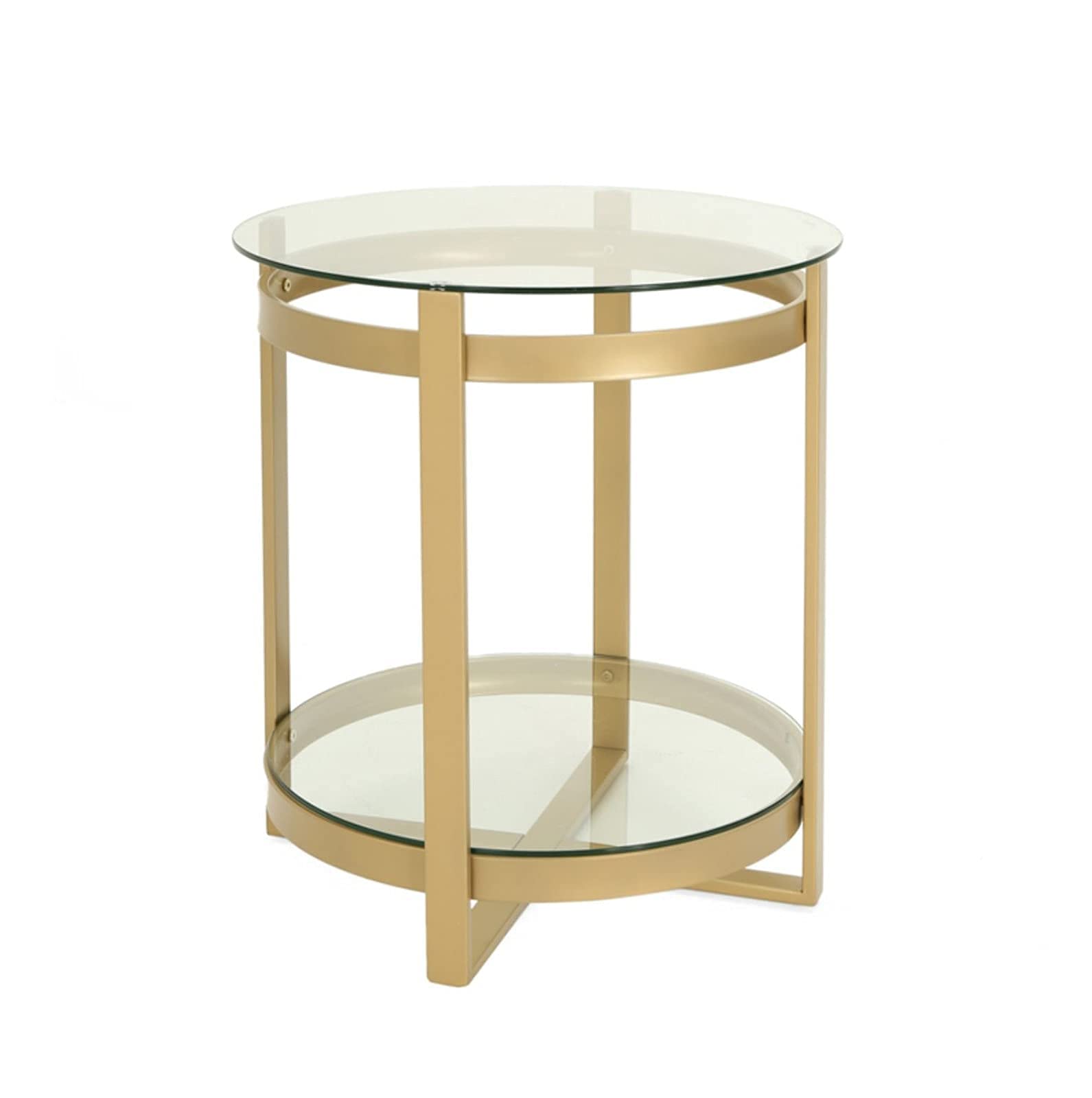 Runde Glas-Beistelltische, Wohnzimmer-Ausstellungstisch, Akzent-Couchtisch, stabiler Metall-Beistelltisch mit Goldrahmen und 2-stufiger Marmorplatte, Gold, 45 * 45 * 60 cm, aus China Comfortable