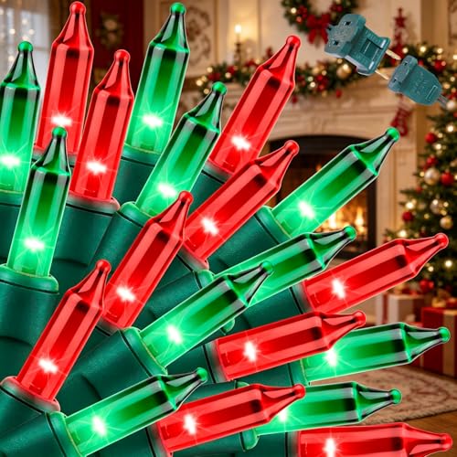 LAMPHOME Super-Bright Red Green Christmas Lights Decoration 100Lights 19.6ft Mini Bulb String Lights for Indoor Outdoor Halloween Holiday Home Xmas Tree Patio Décor