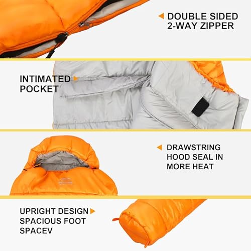 Lanmountain Mummy Sleeping Bag|3-4 Season Camping Sleeping Bag For Adults-14℉-59℉Extreme,Washable,Warm & Cool Weather For Outdoor Hiking Travel Gear Must Kids Sleep Accessories,Orange thumb #3
