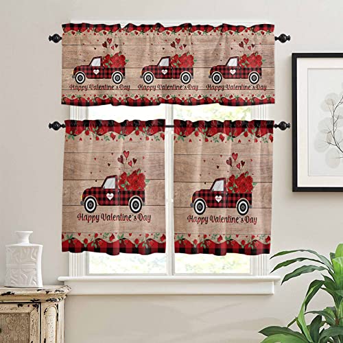 Valentine's Fram Truck Rose Curtain Valance And Tiers Set For Kitchen Windows,Red Love Heart Rod Pocket Panel Red Black Plaid Drapes,Retro Brown Wooden Tier Valances Window Treatment For Bedroom #TOP13