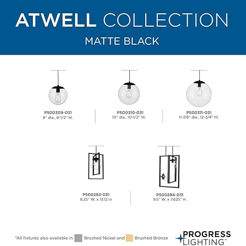 Miniatura 7 de Progress Lighting Atwell Collection - Lámpara colgante colgante pequeña con forma de globo de cristal transparente, color negro mate, 8.75 x 8.00 x