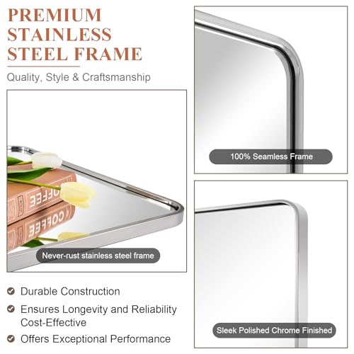 Image of ANDY STAR 24''x48'' Chrome Bathroom Mirrors, Rounded Rectangle Bathroom Wall Mirror in 1'' Rustproof Tube Metal Frame, Decorative Mirror Hang Horizontal /Vertical for Bathroom Remodel,HD Glass