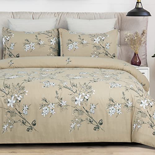 Yepins Soft Brushed Microfiber Duvet Cover Set With Zipper Closure And Corner Ties, Blossom/Branch Floral Printed Pattern, Camel Color-Queen Size(90X90 Inches) #TOP4