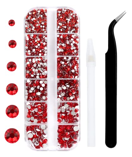 3792pcs Ruby Red Crystal Flatback Rhinestones Glass Diamantes Round Gems for Crafts Nail, Makeup, Clothes, Mixed 6 Sizes with Wax Pencil and Tweezer Kit(SS6~SS20)