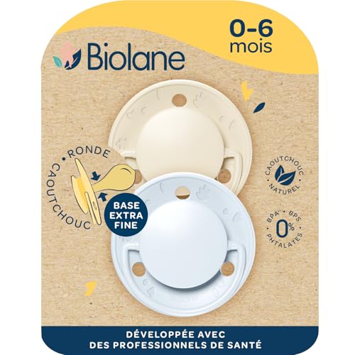 BIOLANE - Tétines rondes - Sucettes extra-fines - 0 à 6 mois - Bleu et Beige - Téterelle en caoutchouc naturel - Respect du développement bucco-dentaire-...