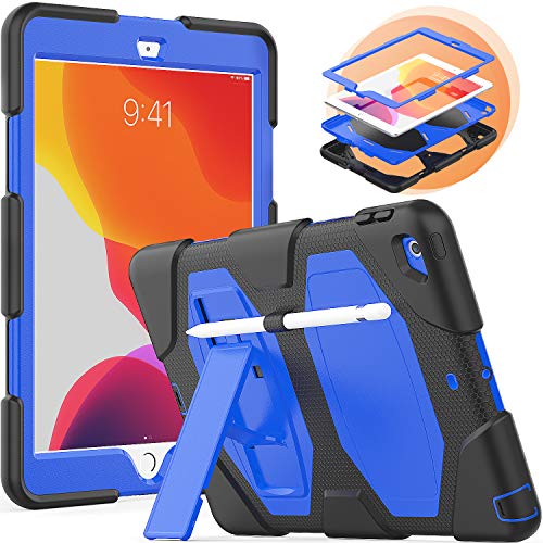 Timecity Case for iPad 7th Generation, iPad 10.2 Case with Foldable Stand Stylus Holder, Three Layer Full Body Rugged Protection Shockproof Dropproof Hard Case for iPad, Dark Blue