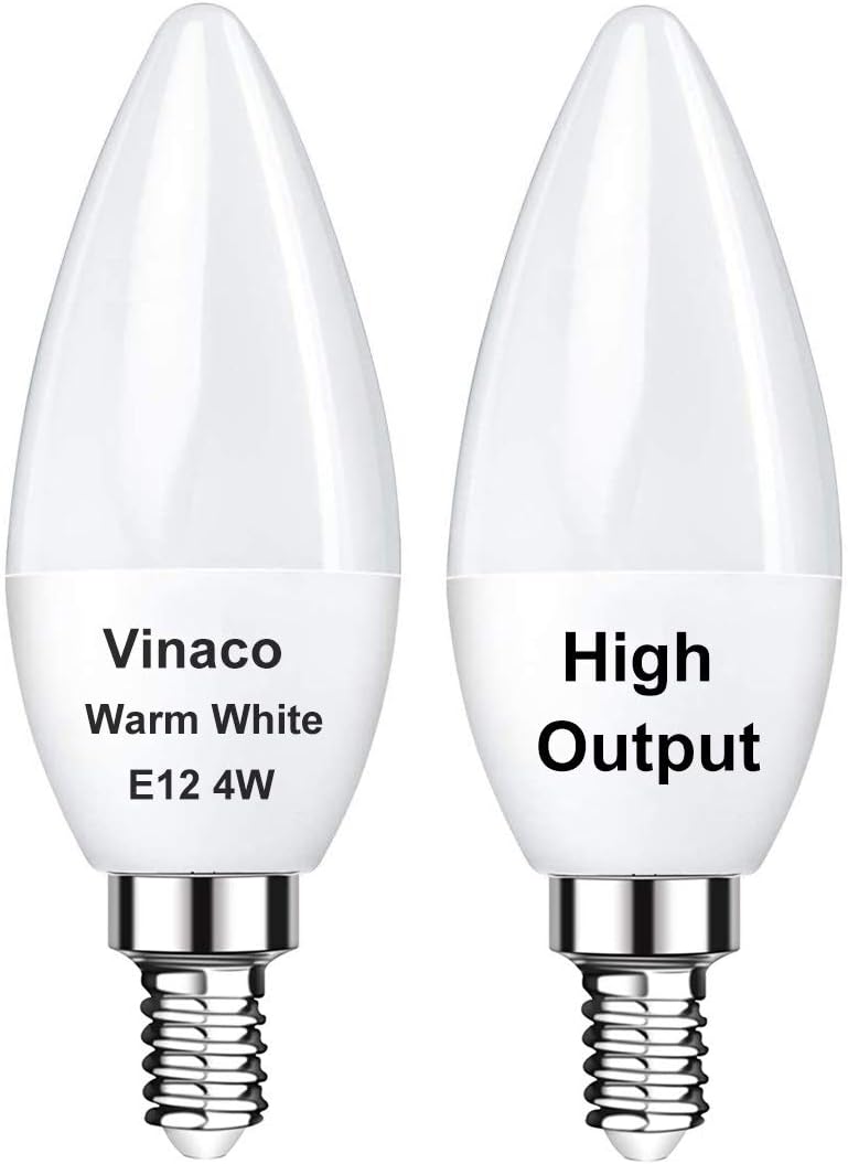 Vinaco 2 Pack E12 LED Candelabra Bulb, 400LM 4W 3000K Warm White, High Brightness, Long Lifespan, Energy Efficient, Flicker-Free, Great for Ceiling Fan Light Bulb
