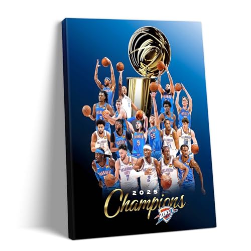 2025 NBA Finals Canvas Wall Art Decor Framed Painting - Thunder Full Roster Champions Poster Print, Team Celebration Oil Painting, Blue Victory Basketball Art for Sports Lovers 16X20 inch
