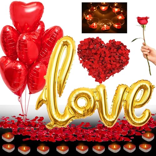 LUKIUP Kit Romántico de Velas y Pétalos, Globos Rojos San Valentin Globos Corazon Rojo, Petalos de Rosa Artificiales, Kit de Decoración San Valentín, para San Valentín/Bodas/Aniversarios(oro)