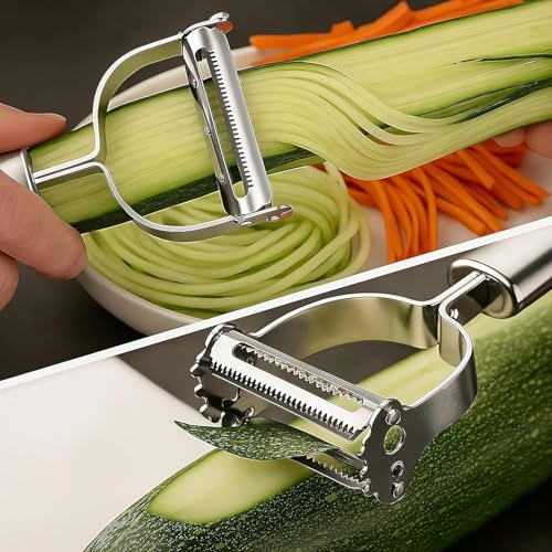 Image of Sunkuka 2-in-1 Stainless Steel Vegetable Peeler & Julienne Slicer with Cleaning Brush- Durable Julienne Cutter for Carrots & Zucchini Noodles - Multi-Functional Fruit & Veggie Shredder Peeler Tool