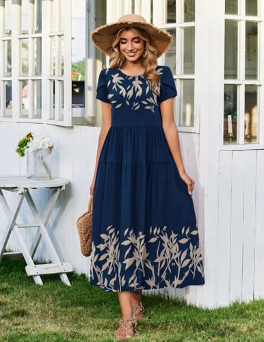 Image of Zeagoo Summer Dresses for Women 2026 Maxi Bohemian Floral Short Sleeve Long Dress Casual Flowy Tired Beach Sundress