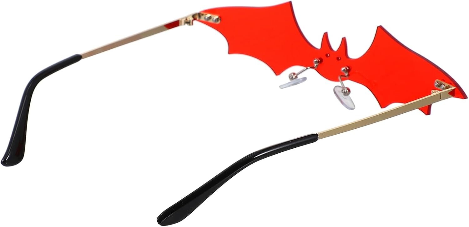minkissy Bat Shaped Rimless Sunglasses for Women, Gold Frame Red Lens Eyewear, Fashion Novelty Bat Glasses for Streetwear and Cosplay