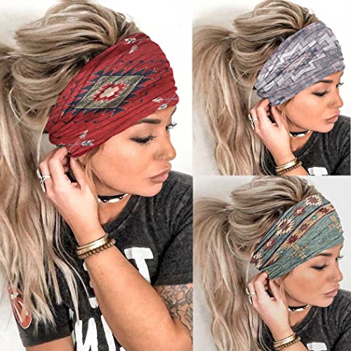Catery Boho Headbands Stretch Head Bands Wide Turban Headwraps Yoga Headband Fashion Hair Bands for women and Girls Pack of 3 (C Vintage)