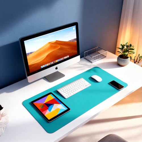 Image of Reversible Desk Mat 90x45 CM - Large Vegan Leather Office Desk Pad | Mouse Pad for Work from Home & Office | Anti-Slip Leather | Waterproof, Splash-Proof Desk Accessories (Sea Green & Yellow)