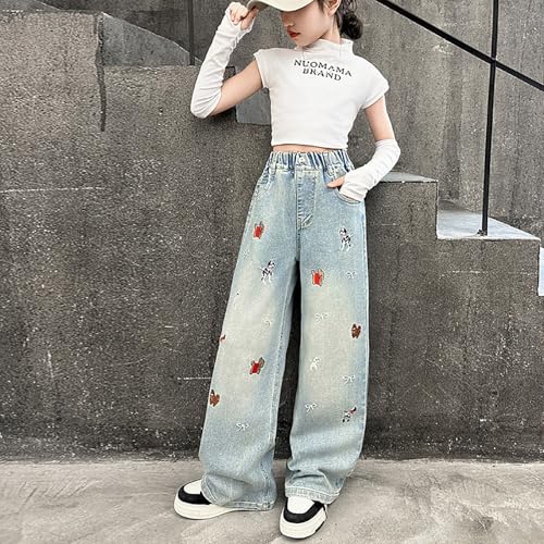Girls Jeans Baggy Wide Leg Denim Pants Kids Cute Embroidered Elastic Straight Trousers Trendy Preppy Y2k Streetwear2