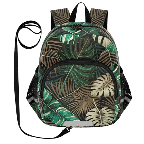Monstera Palm Leaves Dark Toddler Harness Backpack for Boys Girls 3-6 Years Kids Backpack with Anti Lost Safety Leash Child Leash Backpack for Walking Preschool Travel