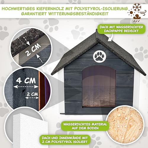 Outentin Hundehütte Outdoor Isoliert - Hundehaus für Mittelgroße Hund - Winterfest und Wetterfest - Hunde Haus für Draußen mit schrägem Dach - Stabile Villa und Moderne Design - 76 x 60 x 60cm-Grau