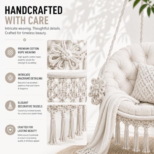 Image of Premium King Size Hammock Chair Swing with Cushion, 200kg Capacity | Indoor Outdoor Heavy Duty Adults & Kids Hanging Jhula for Home, Garden, Patio & Balcony | 1 Year Warranty (Off White)