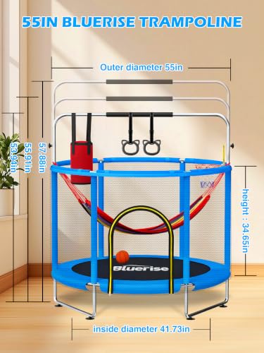 Image of BLUERISE 55IN 6FT Indoor /Outdoor Toddler Trampoline for Kids | Galvanized Steel Pipe,Multiple Activity Accessories,110lb,Safety Enclosure,Basketball Hoop,No-Gap Design,Anti-Rollover Bottom