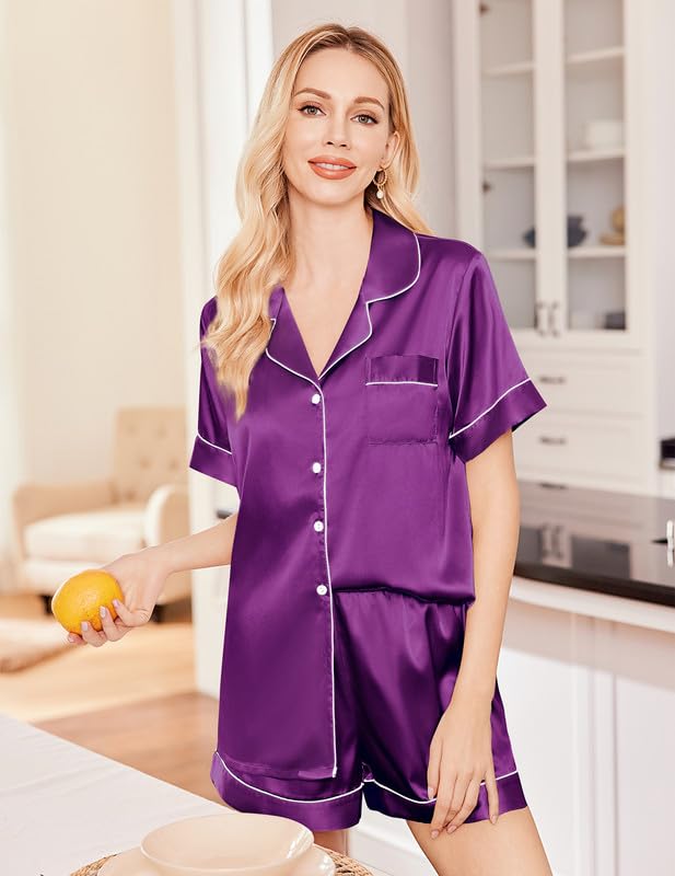 Image of Ekouaer Silk Pajamas for Women Set Satin Soft Short Sleeve Button Down Pjs | 3 Piece Loungewear,Comfy Sleepwear,Silky Smooth Fabric,Gift for wedding,Bridal Party,Coffee Time,Vacation