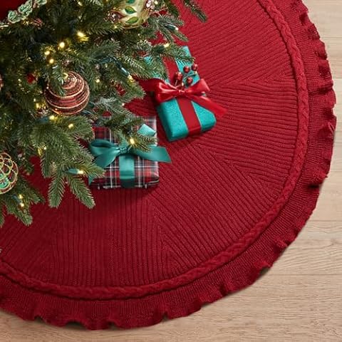 Hommtina Christmas Tree Skirt 48 Inches Red Tree Skirt,Christmas Tree Decorations Faux Fur Tree Skirt for Xmas Holiday Home Party Decorations Ornaments (Wave Red) Cover