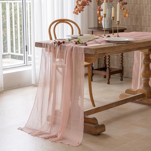 Image of 2Pcs Dusty Pink Cheesecloth Table Runner 120 Inches for Party Home Decor | Ideal for wedding baby shower bridal shower birthday engagement party,or adding rustic boho charm to daily home.