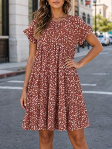 Image of Imysty Womens Boho Floral Ruffle Sleeve Babydoll Loose Flowy Casual Summer Pleated Mini Dress