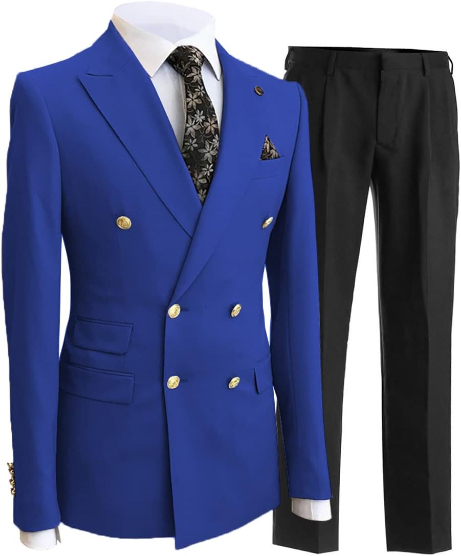 Men's Suits Slim Fit 2 Piece Double Breasted Business Blazer+Pants Set Prom Tuxedos Jacket for Wedding Grooms