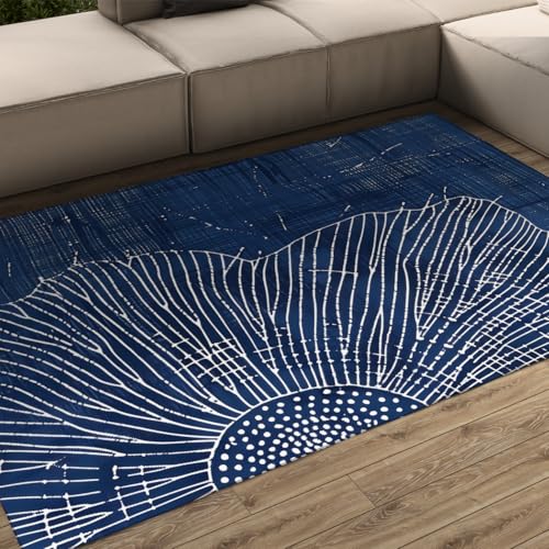 Tapis bleu fleuri moderne 90x150 antidérapant poil bas lavable - 3
