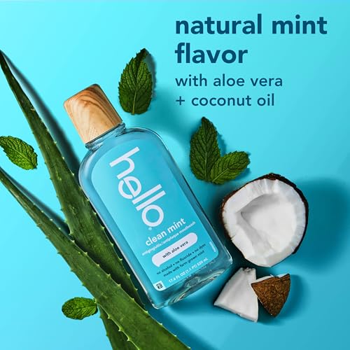 Image of Hello Clean Mint Alcohol Free Mouthwash with Aloe Vera, 17.6 Fl Oz, Antigingivitis Gum Mouthwash with Farm Grown Mint, Fluoride Free, No Alcohol for Zero Burning, Vegan, Minty Oral Rinse, 3 Pack